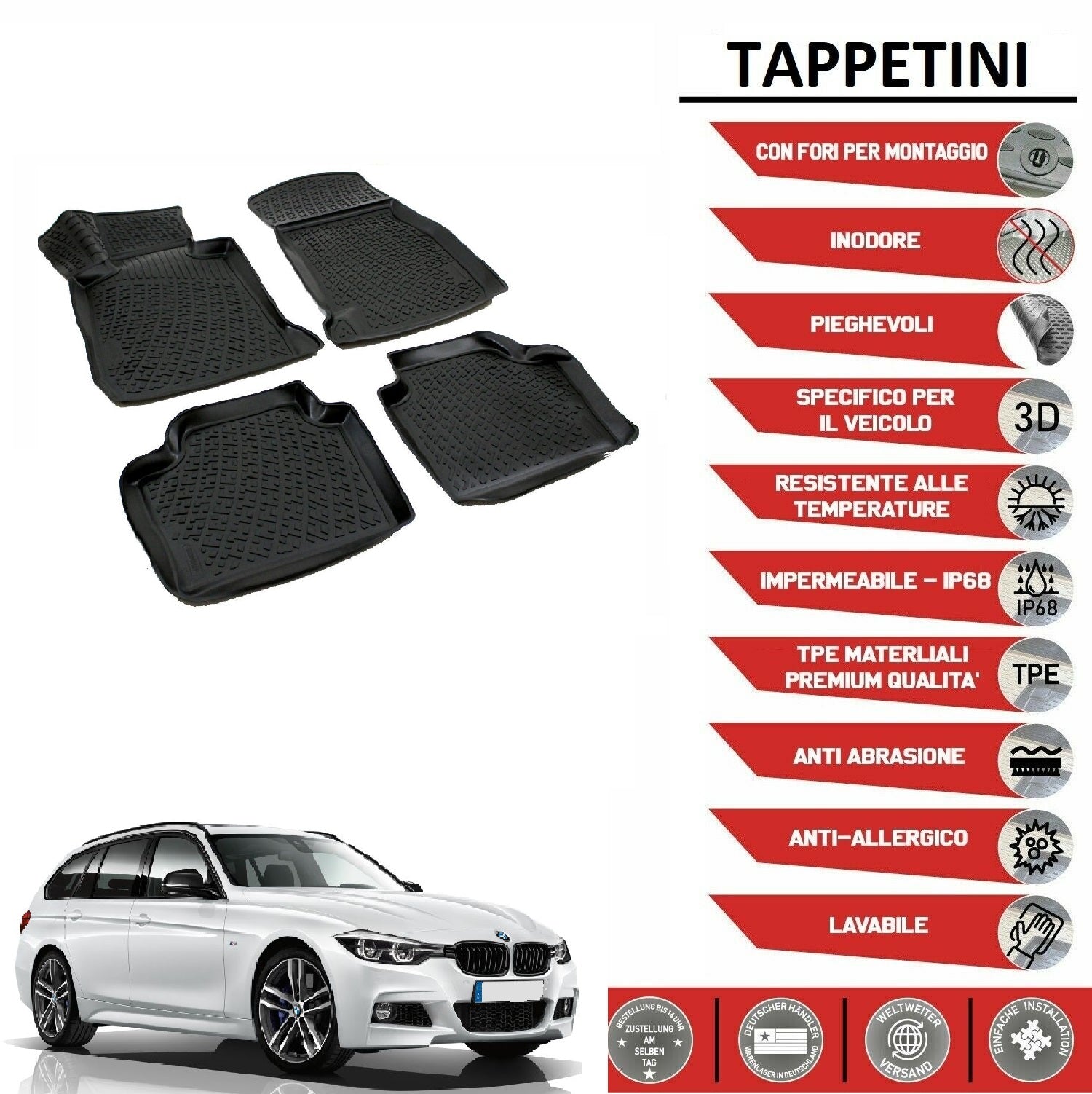 3D TAPPETI TAPPETINI AUTO IN GOMMA SU MISURA per BMW 3er F(31) dal 2015+ AUTOELEGANCERICAMBI