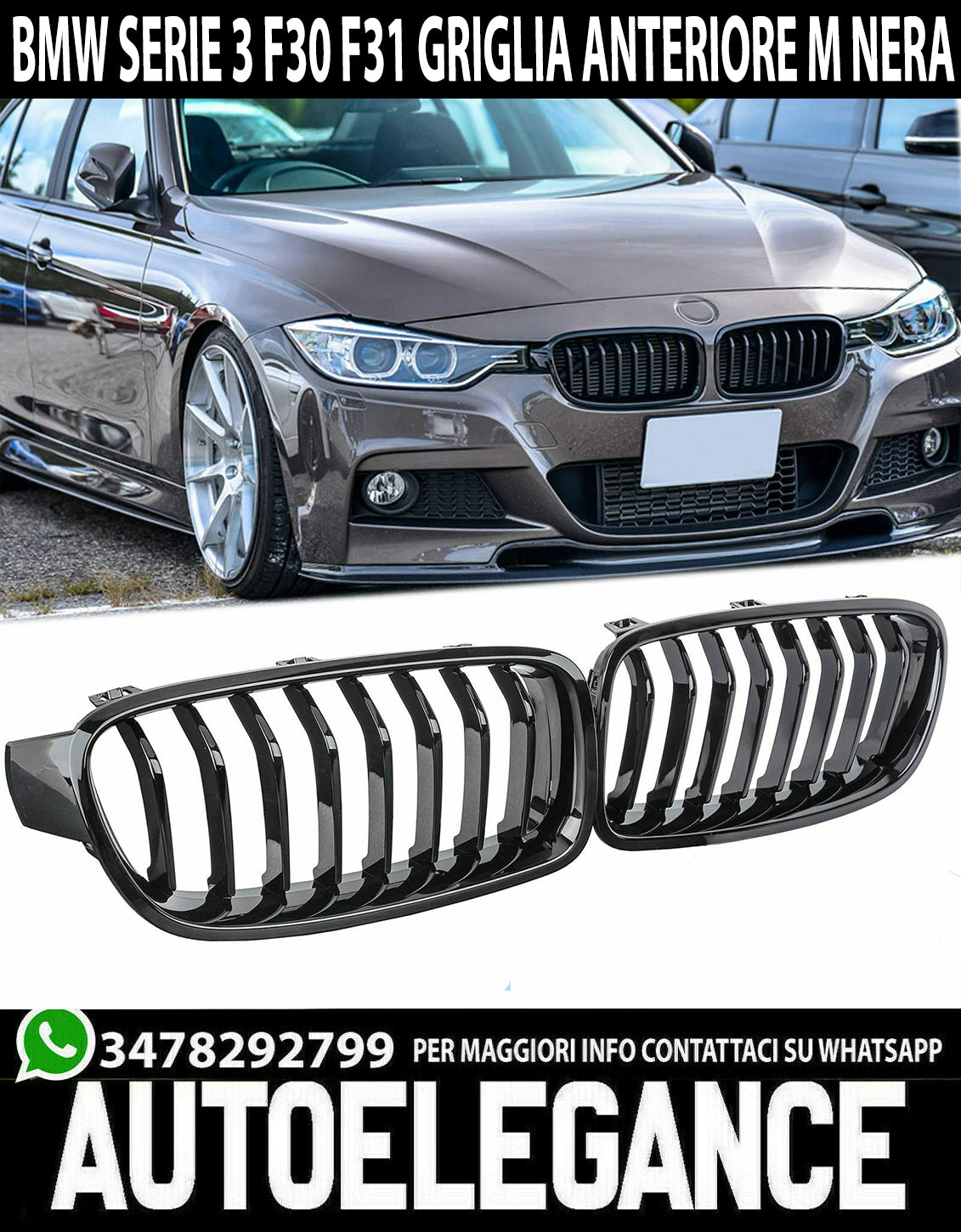 GRIGLIA ANTERIORE NERA BMW SERIE 3 F30 F31 2011-2018 CALANDRA NERO LUCIDO M