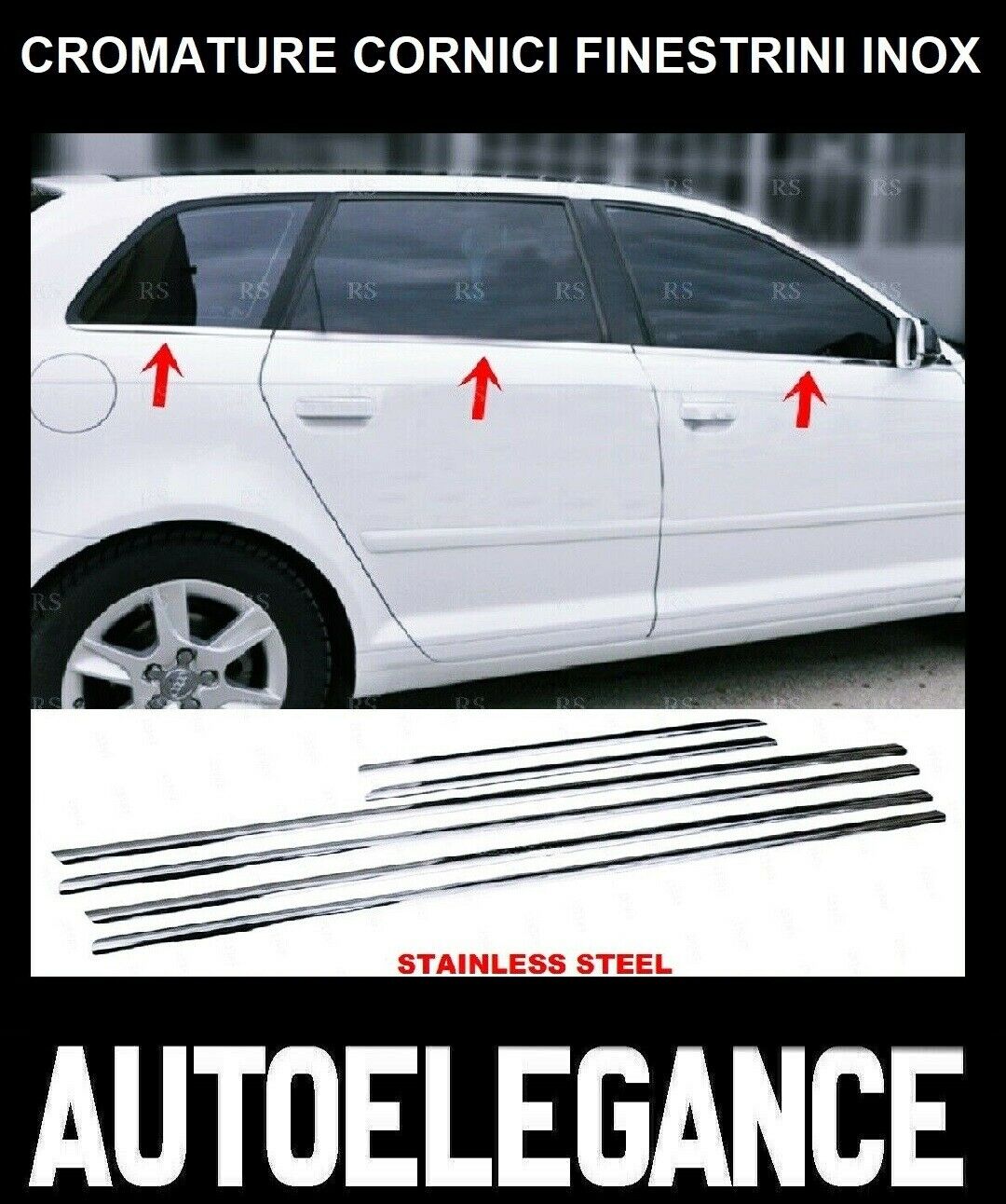 CROMATURA CORNICI FINESTRINI 6PZ AUDI A3 2003-2013 ACCIAIO INOX ADESIVO 0032 AUTOELEGANCERICAMBI