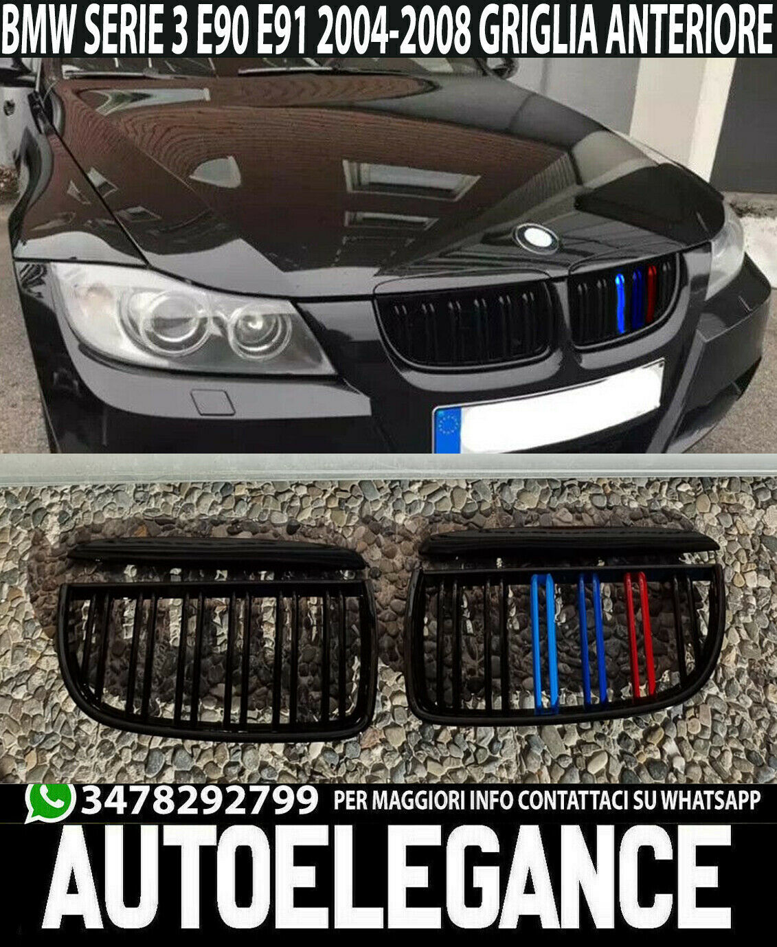 BMW 3 SERIES E90 E91 2004 TO 2007 SPORT FRONT GRILLE DOUBLE BAND 3 COLORS M