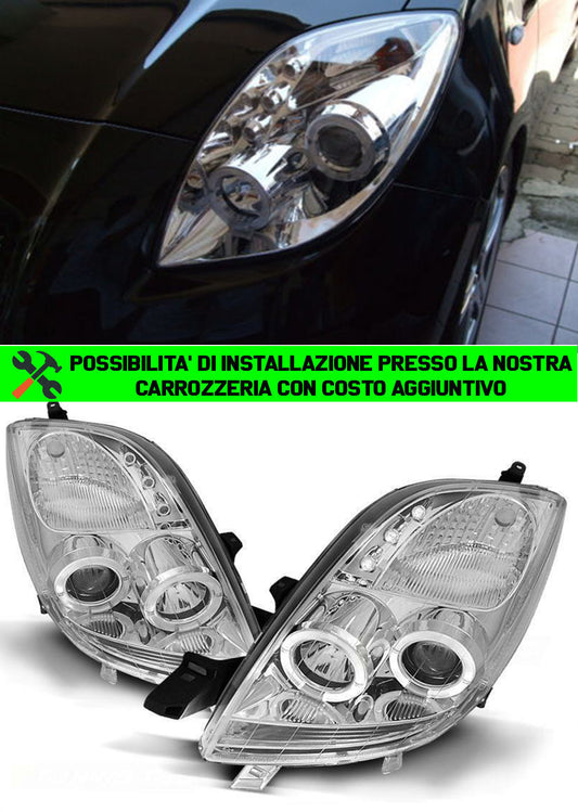 TOYOTA YARIS 2005-2009 FARI ANTERIORI CROMATI ANGEL EYES LENTICOLARI H1 / H1