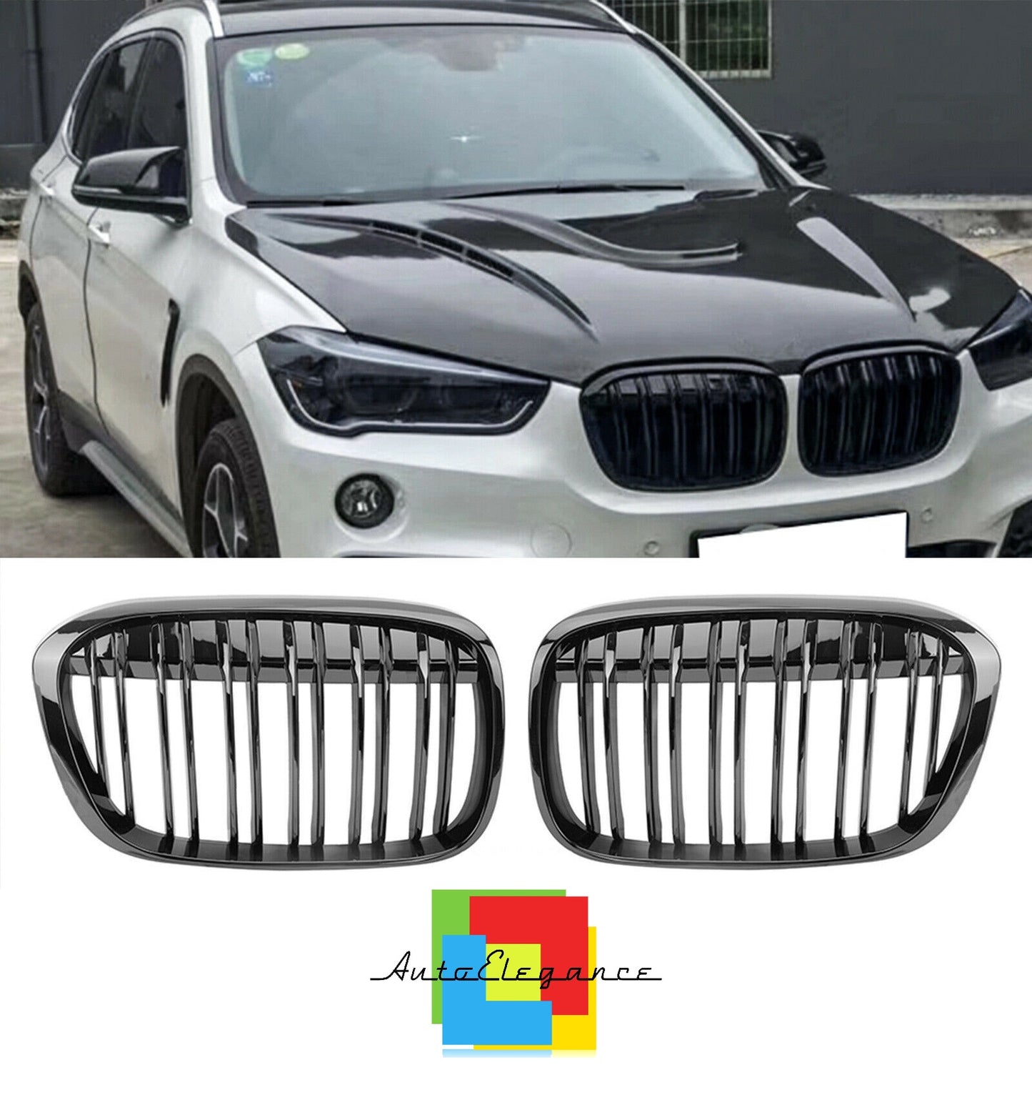 FRONT GRILLES DOUBLE BAND M BLACK GRILLES FOR BMW X1 F48 2014+ NEWS
