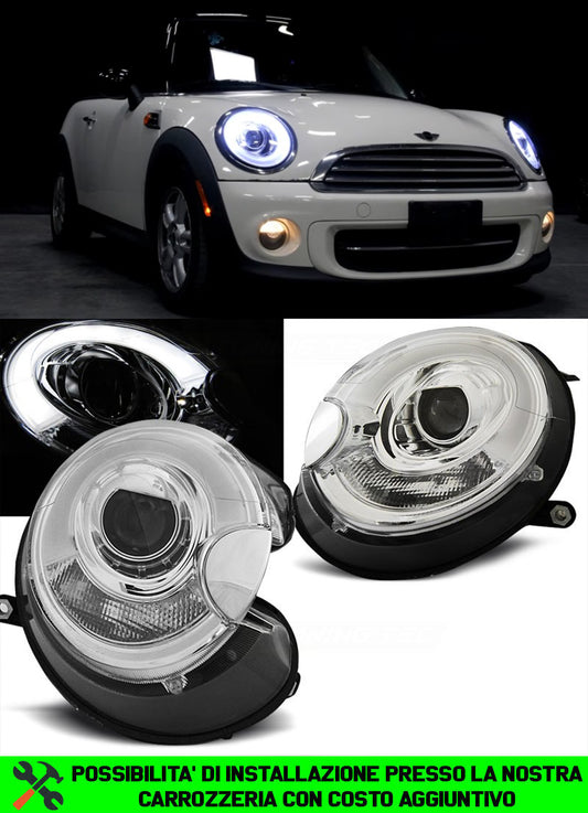 MINI COOPER R56 2006-2010 FARI ANTERIORI CROMATI ANGEL EYES D1S XENON DI SERIE