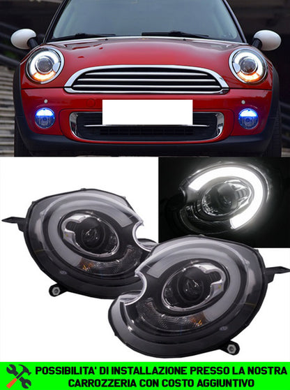 MINI COOPER R56 2006-2010 FARI ANTERIORI NERI ANGEL EYES D1S XENON DI SERIE