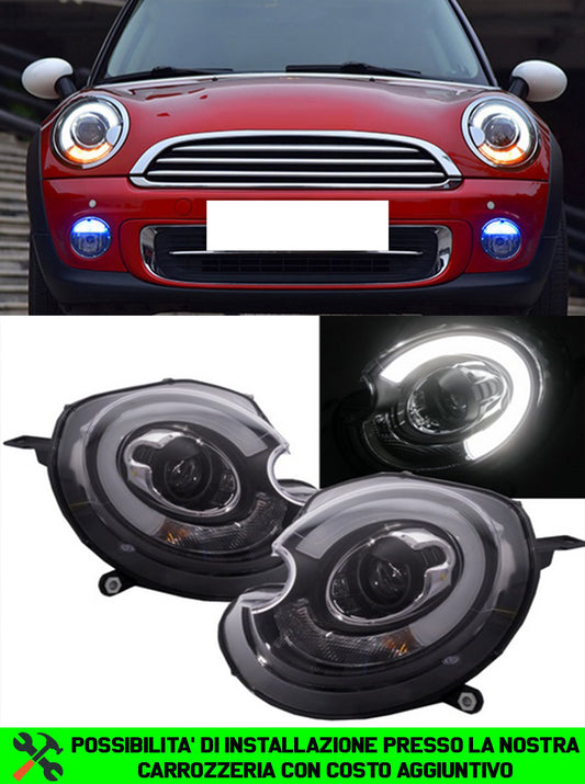 MINI COOPER R56 2006-2010 FARI ANTERIORI NERI ANGEL EYES D1S XENON DI SERIE