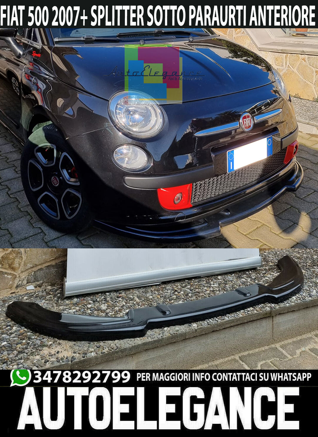 LAMA ADATTA A FIAT 500 SPLITTER PARAURTI ANTERIORE NERO LUCIDO LOOK SPORTIVO ABS