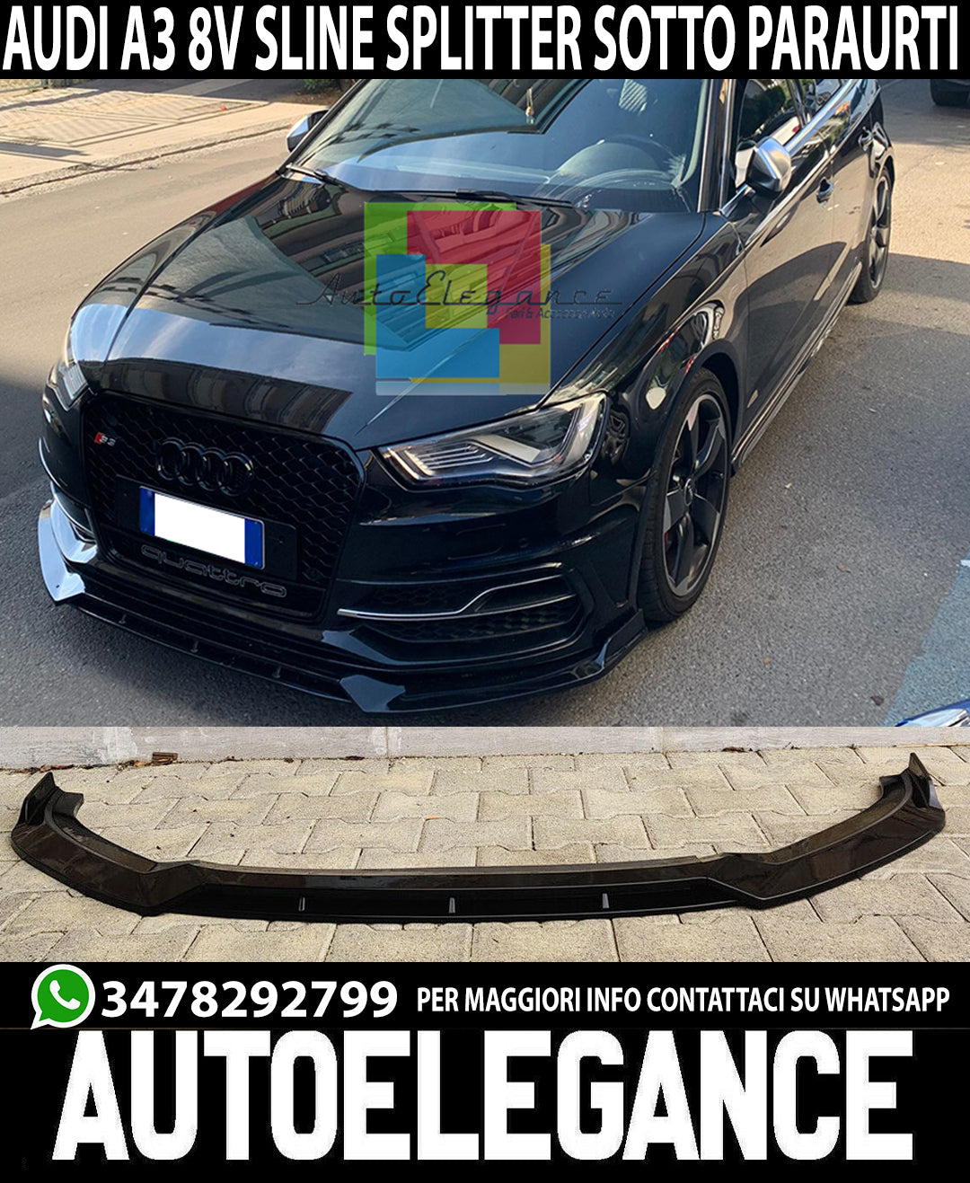 AUDI A3 8V SLINE SOTTO PARAURTI ANTERIORE ABS NERO RS3 S3 SPLITTER LAMA AUTOELEGANCERICAMBI