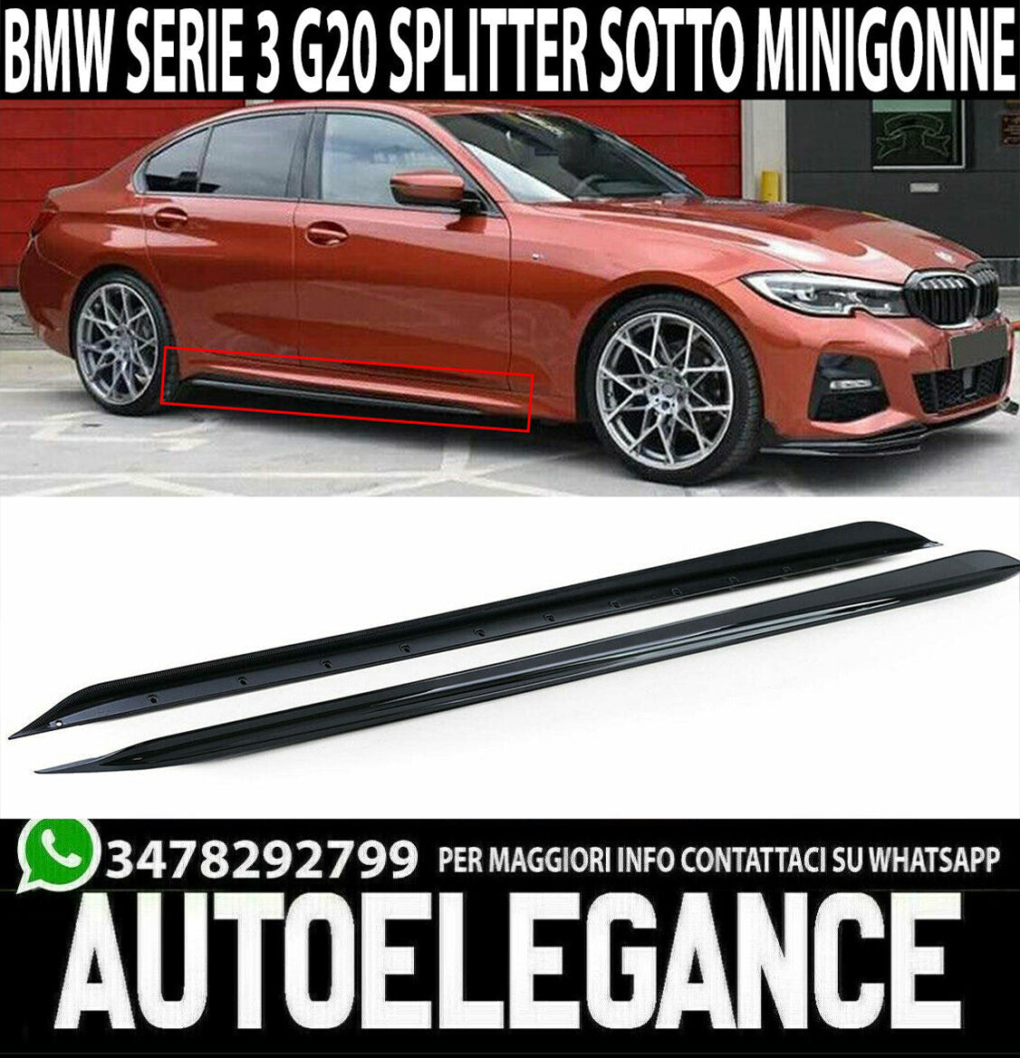 BMW SERIE 3 G20 2019+ SPLITTER SOTTO MINIGONNE SPOILER NERO LUCIDO ABS 0240 AUTOELEGANCERICAMBI