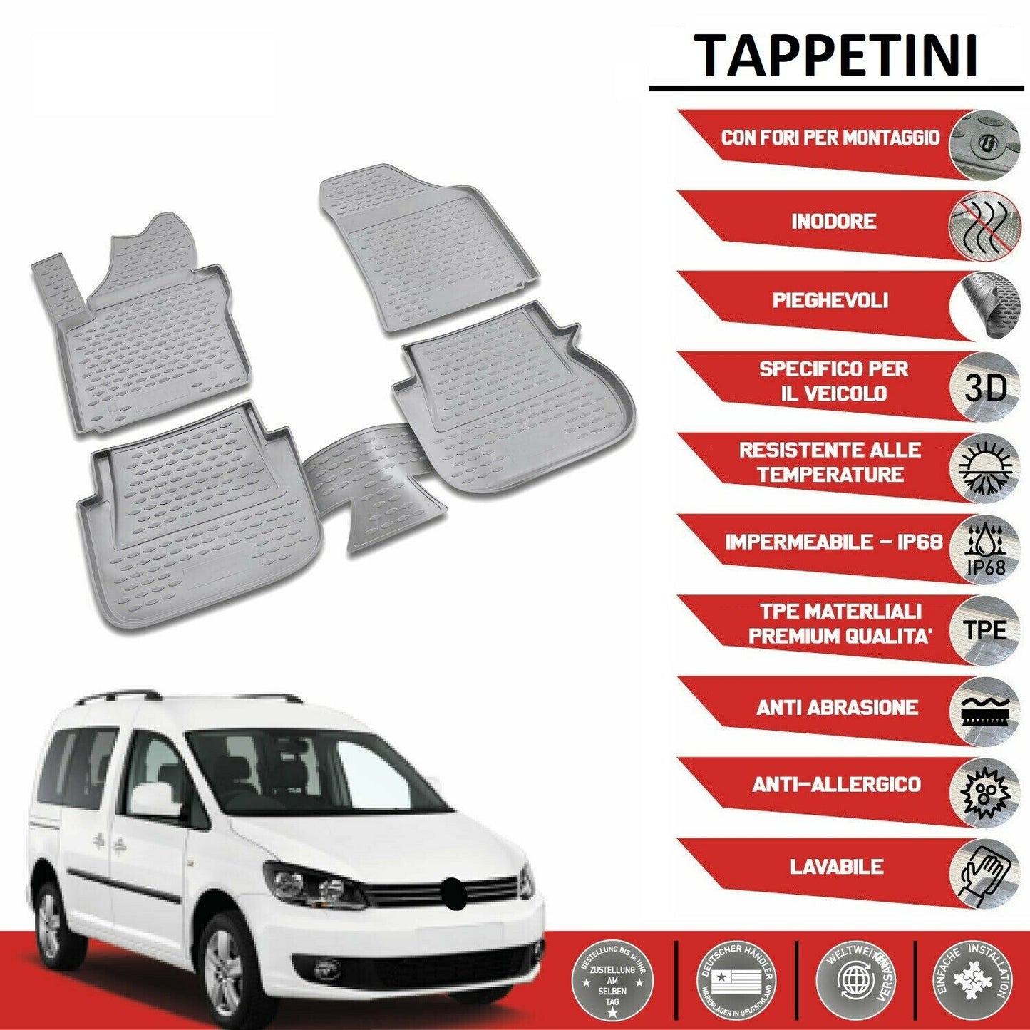 Tappetini  VW Caddy 2007-2014 in forma 3D tappetini in gomma con bordo