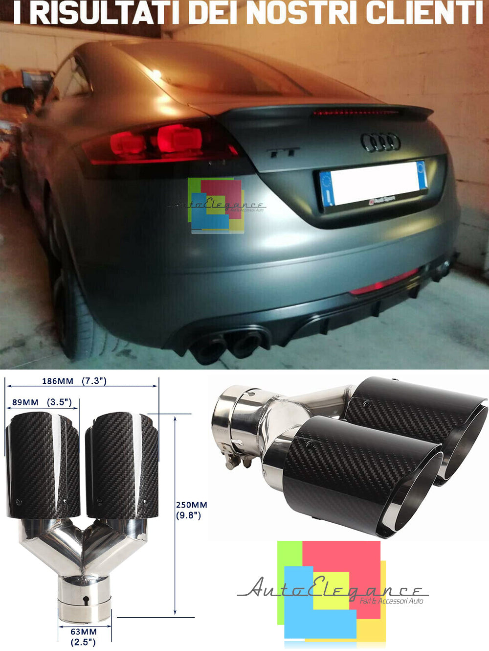 AUDI TT 8J 2006-2014 LOOK SPORTIVO STT COPPIA TERMINALI ACCIAIO INOX CARBON AUTOELEGANCERICAMBI