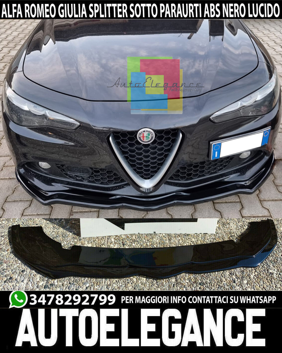 SPLITTER FOR ALFA ROMEO GIULIA BLADE UNDER FRONT BUMPER GLOSSY BLACK 0078