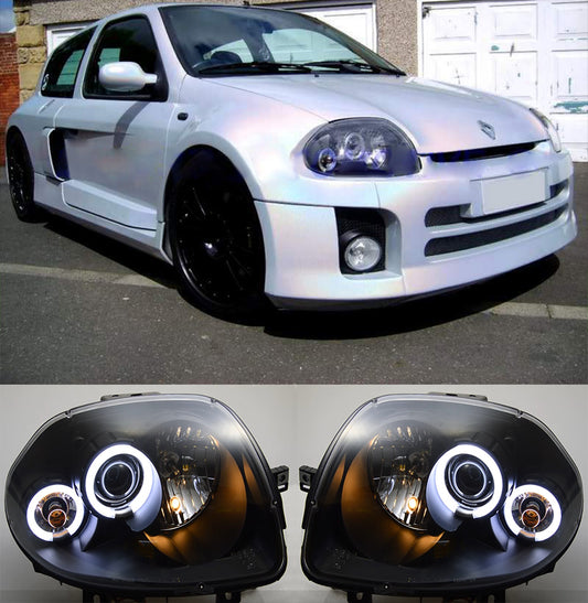 RENAULT CLIO 1998-2001 FARI ANTERIORI NERI ANGEL EYES LENTICOLARI H1 / H1