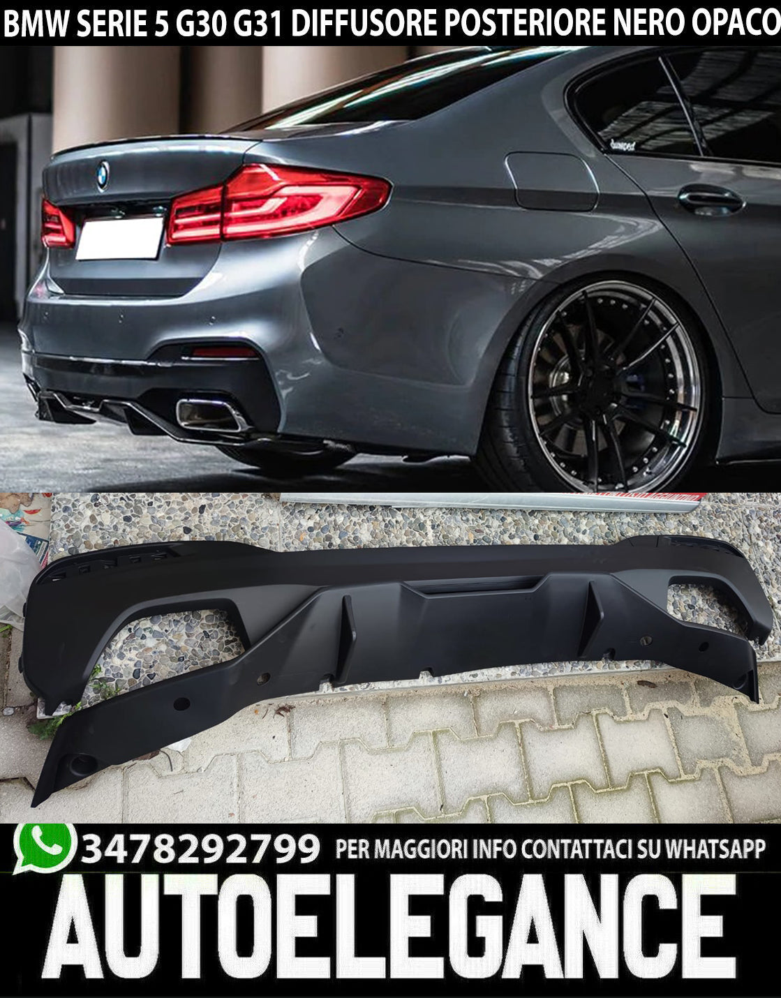 SOTTO PARAURTI POSTERE NERO OPACO ABS BMW SERIE 5 G30 G31 DIFFUSORE M5 0135