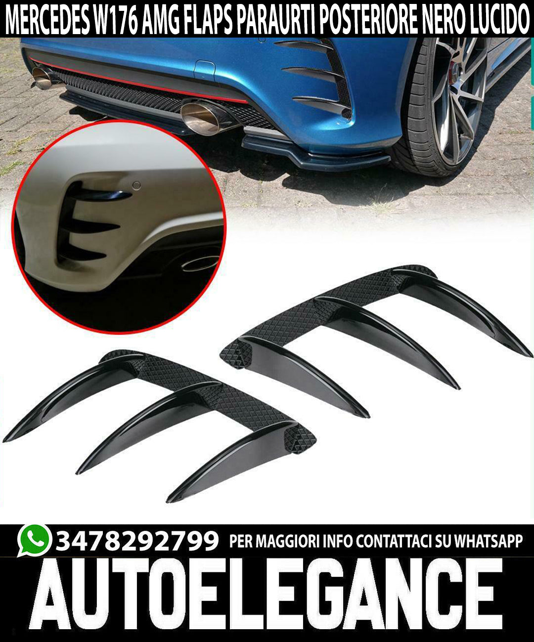 MERCEDES A-CLASS W176 PAIR OF REAR BUMPER MOULDS AMG LOOK 3M FLAPS