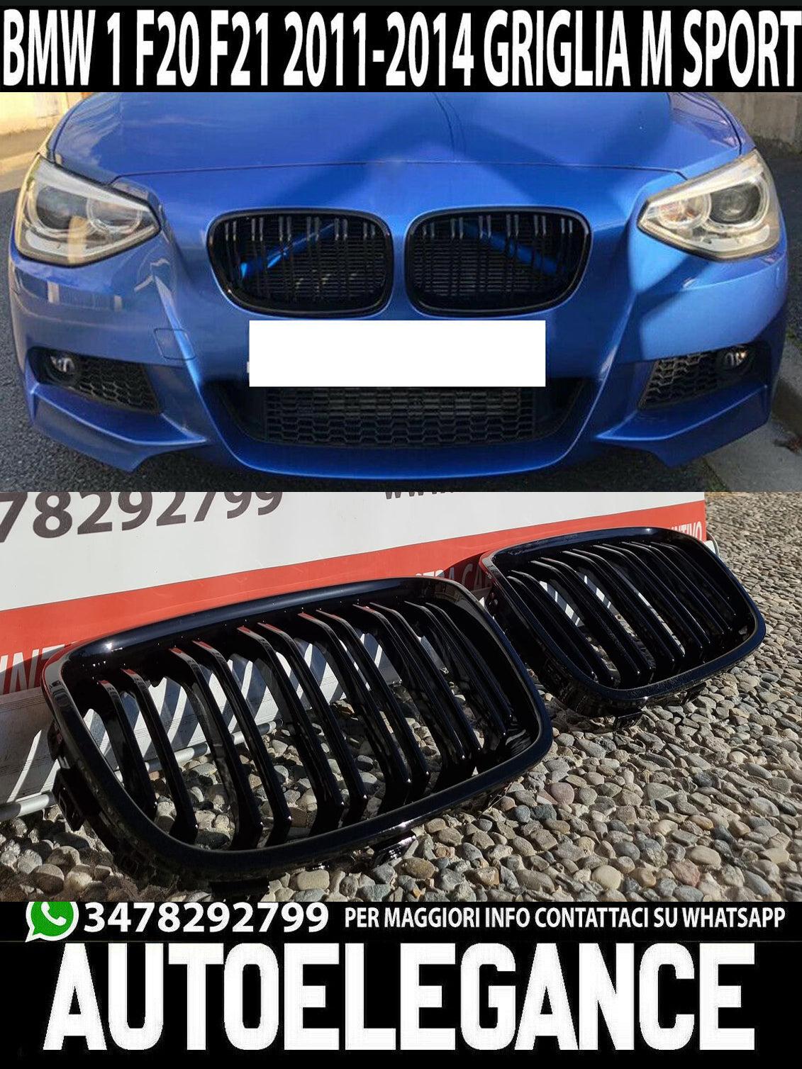 FRONT MUSTACHE GRILLE 1 SERIES F20 F21 2010-2015 M LOOK GLOSSY BLACK DOUBLE KIDNEY NEWS