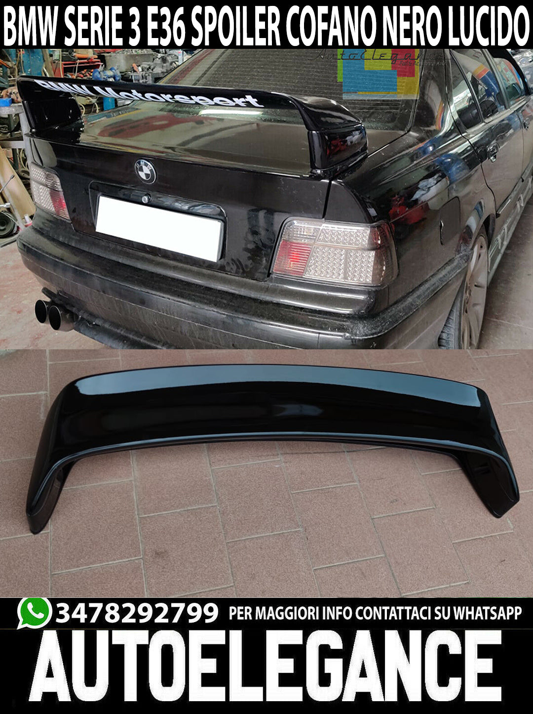 REAR TUNING SPOILER HOOD BMW 3 SERIES E36 SEDAN COUPE GLOSSY BLACK