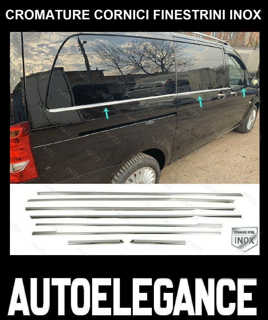 CROMATURA CORNICI FINESTRINI 8PZ MERCEDES VITO W447 2014+ INOX ADESIVO 0032 AUTOELEGANCERICAMBI