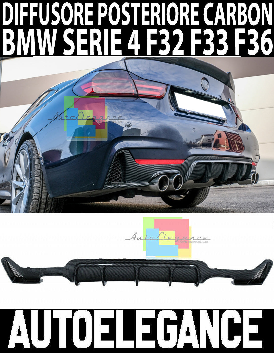 BMW SERIE 4 F32 F33 F36 2013+ SOTTO PARAURTI POSTERE DIFFUSORE ABS CARBONIO AUTOELEGANCERICAMBI