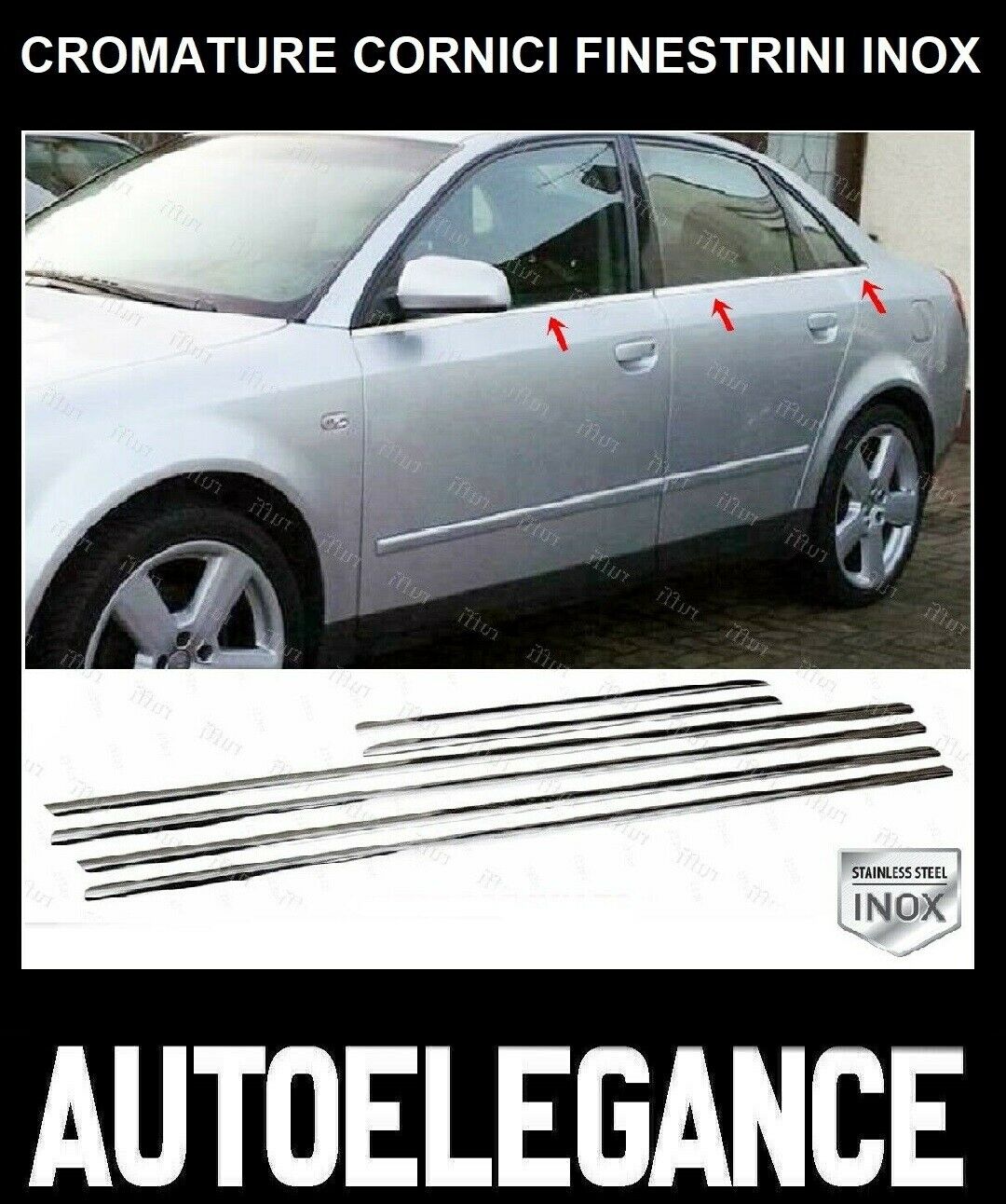 CROMATURA CORNICI FINESTRINI 6PZ AUDI AUDI A4 B6 B7 ACCIAIO INOX ADESIVO 0032 AUTOELEGANCERICAMBI