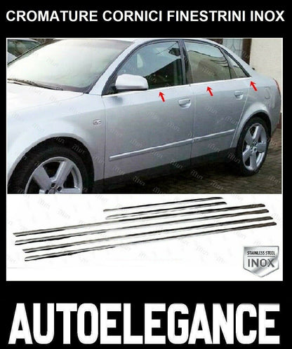 CROMATURA CORNICI FINESTRINI 6PZ AUDI AUDI A4 B6 B7 ACCIAIO INOX ADESIVO 0032 AUTOELEGANCERICAMBI