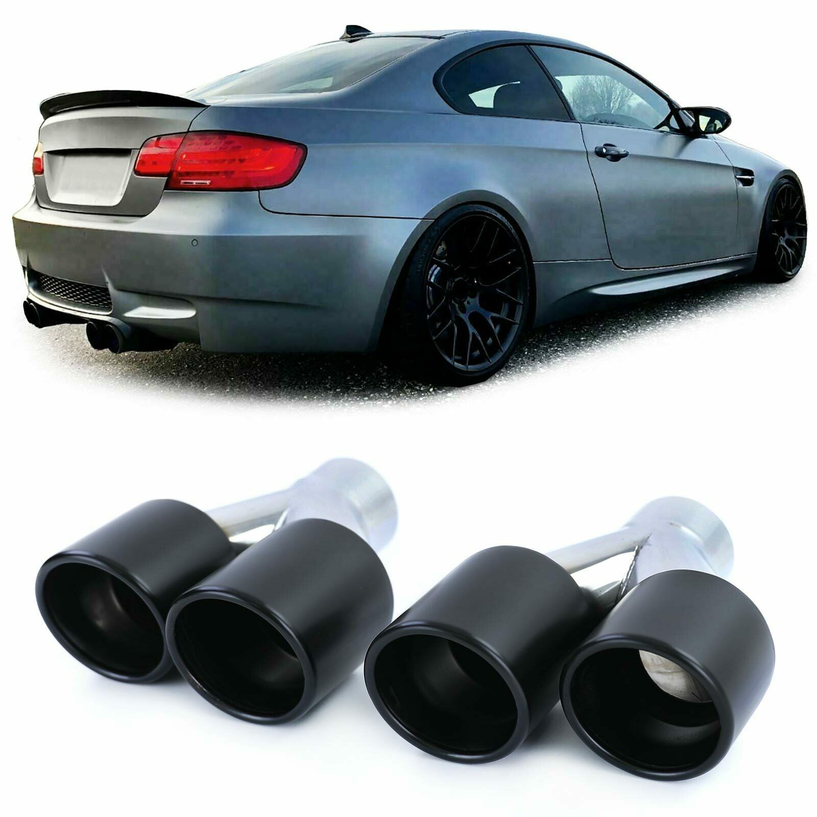 BMW SERIE 3 E90 E91 E92 E93 4x TERMINALI DI SCARICO ACCIAIO INOX NERI LOOK M3 AUTOELEGANCERICAMBI