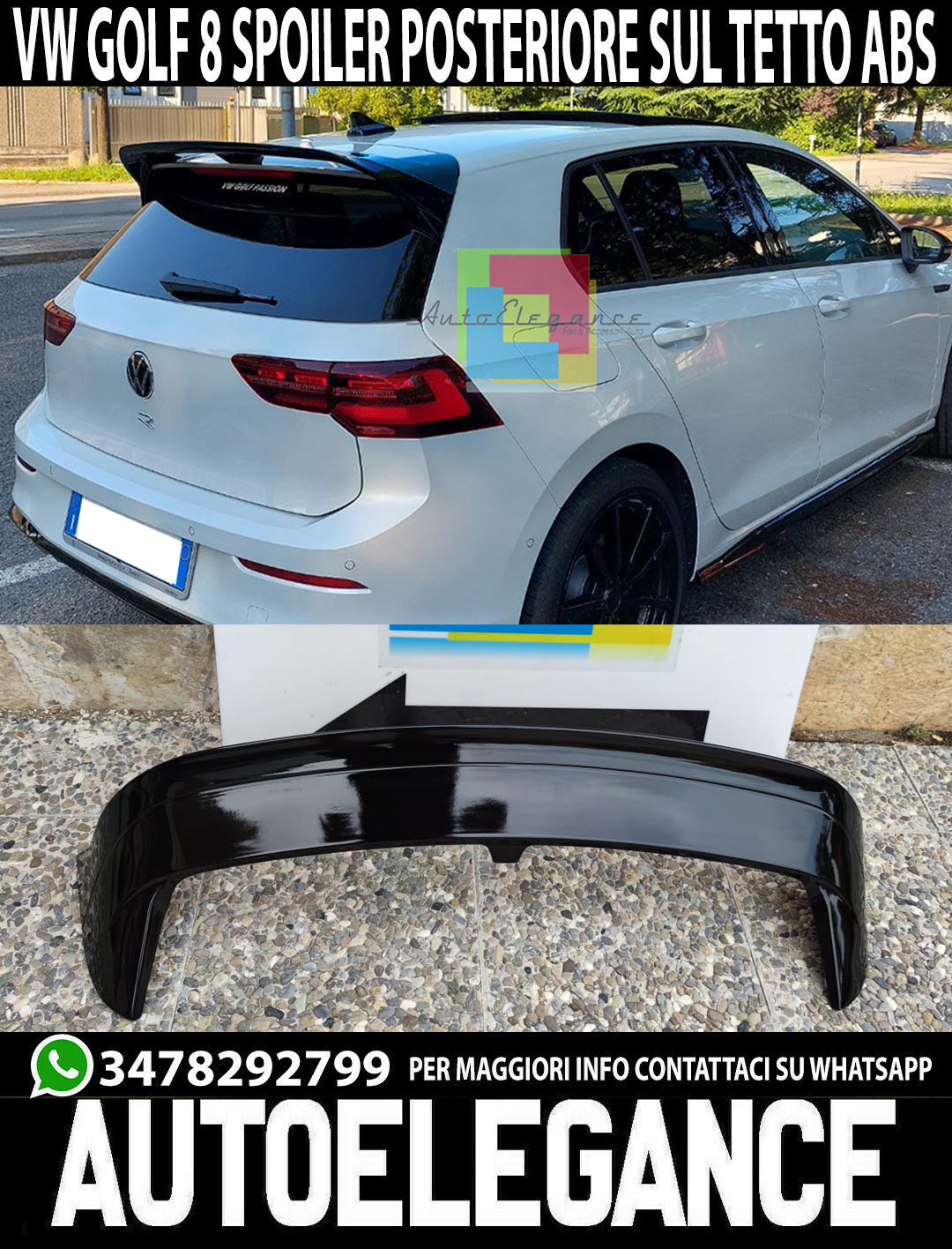 SPOILER TETTO PER VW GOLF 8 VIII 2019+ POSTERIORE LOOK RLINE NERO LUCIDO ABS