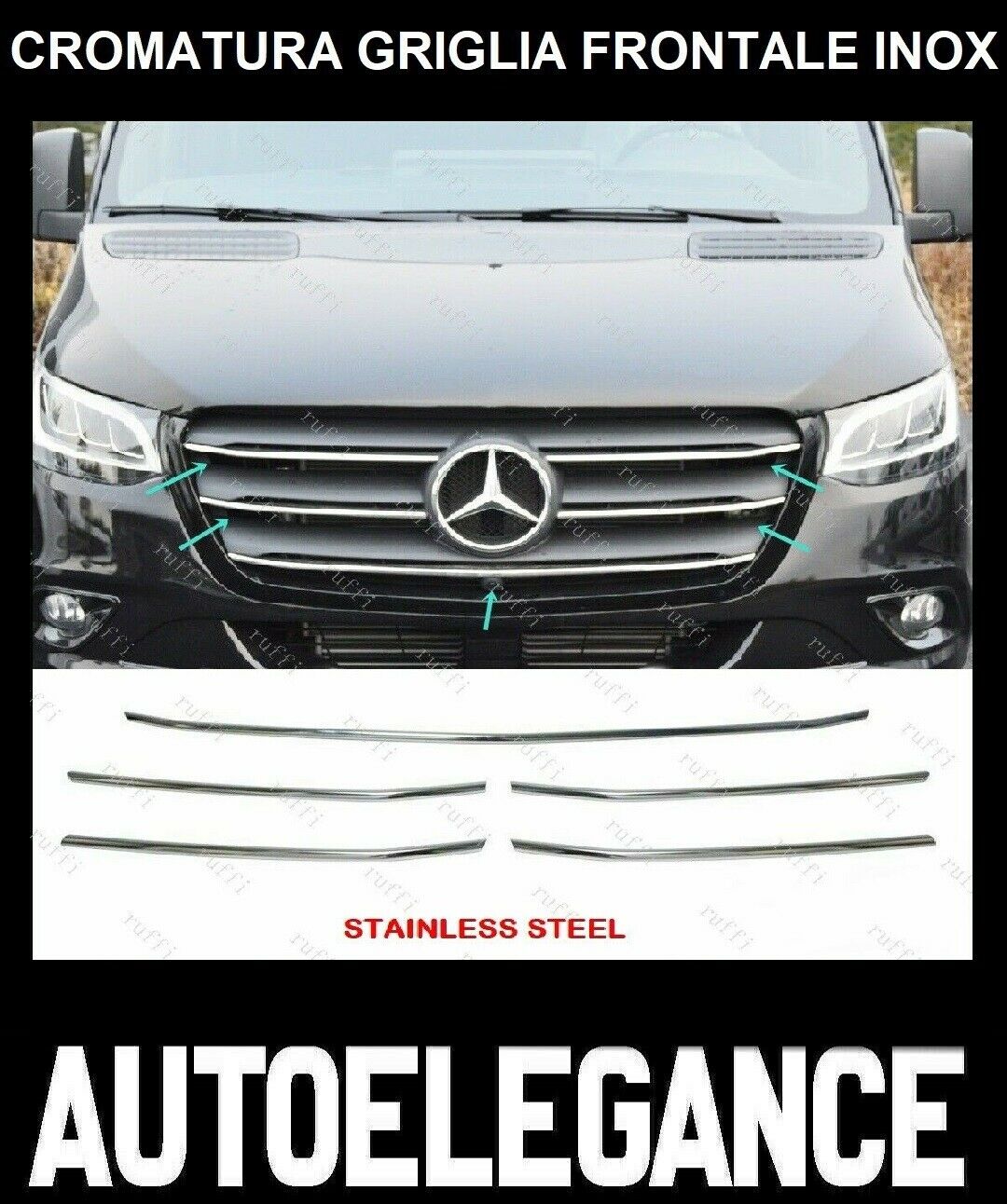 CROMATURA GRIGLIA FRONTALE 5PZ MERCEDES SPRINTER W907 2018+ INOX ADESIVO 0032 AUTOELEGANCERICAMBI