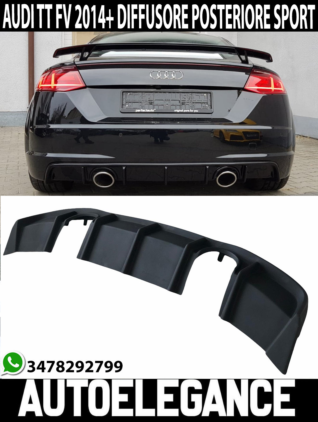 AUDI TT FV MK3 2015+ SLINE DIFFUSORE POSTERIORE SOTTO PARAURTI ESTRATTORE AUTOELEGANCERICAMBI