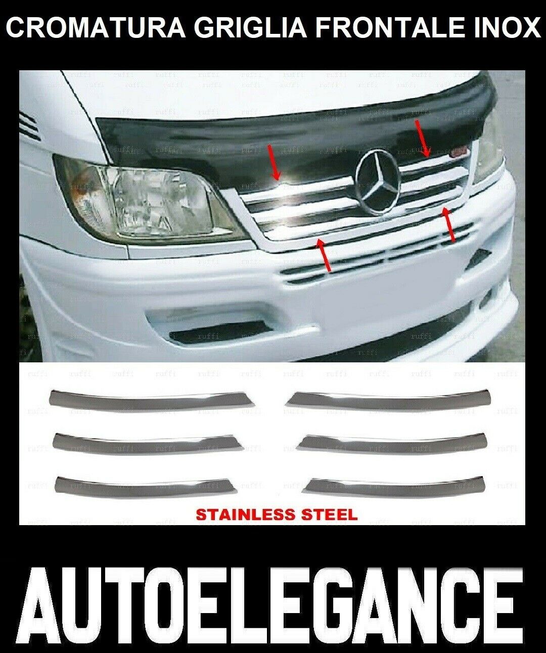 CROMATURA GRIGLIA FRONTALE 6PZ MERCEDES SPRINTER W901 03-06 INOX ADESIVO 0032 AUTOELEGANCERICAMBI