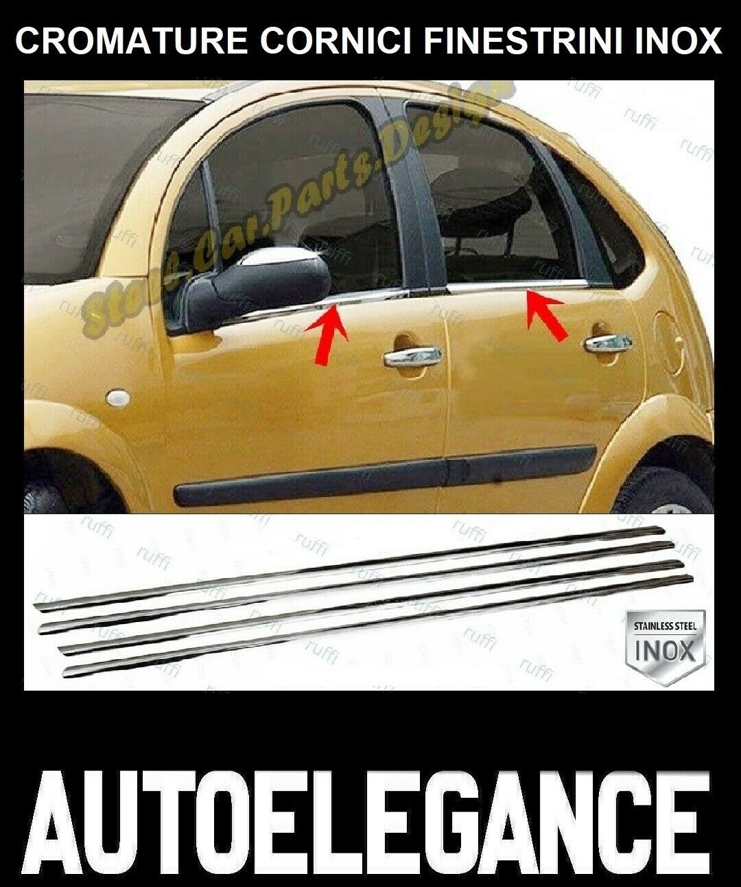 CROMATURA CORNICI FINESTRINI 4PZ CITROEN C3 MK1 2002-2009 INOX ADESIVO 0032 AUTOELEGANCERICAMBI