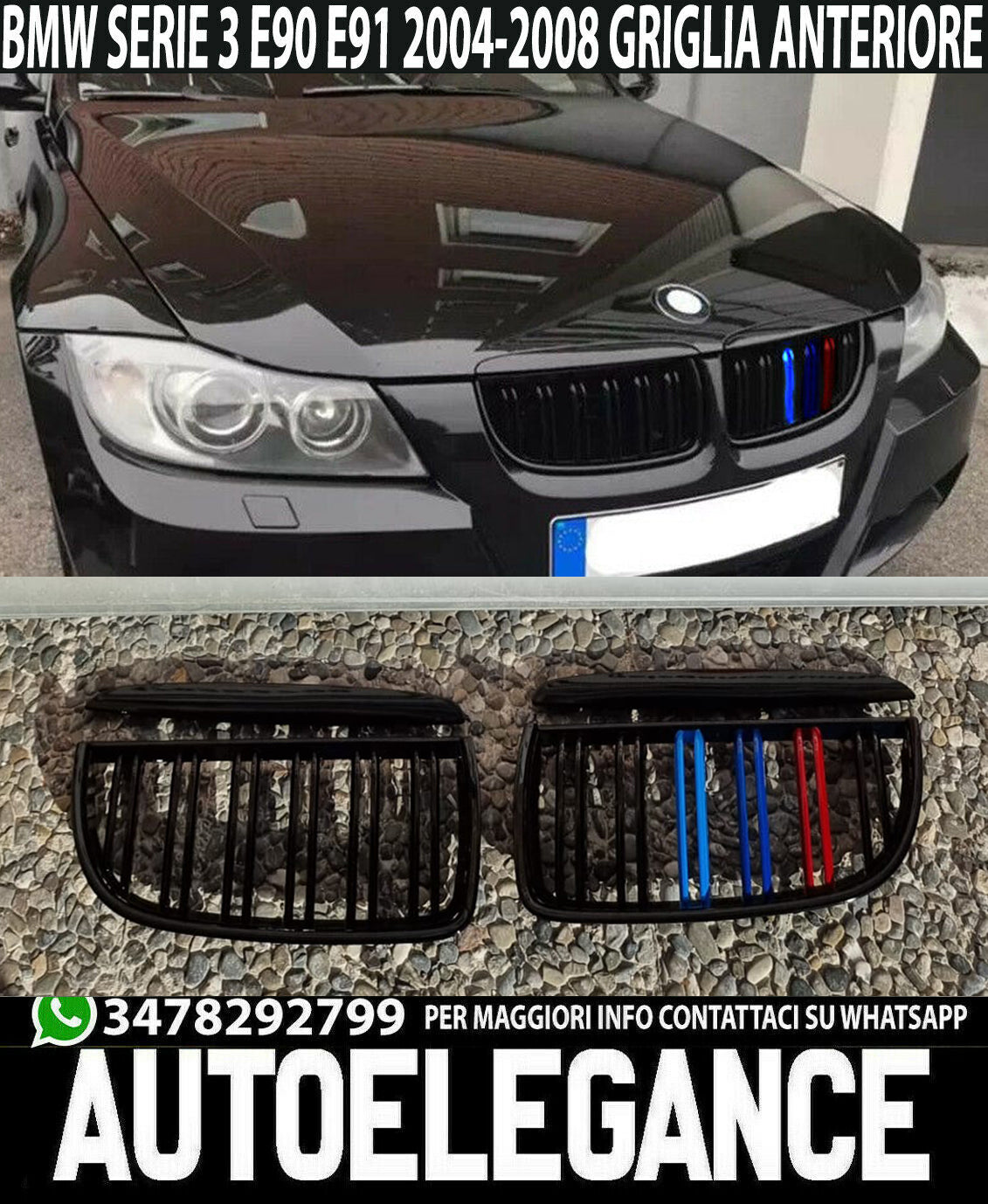 BLACK M3 DOUBLE BLADE FRONT GRILLE BMW 3 SERIES E90 E91 2005-2008 3 COLORS