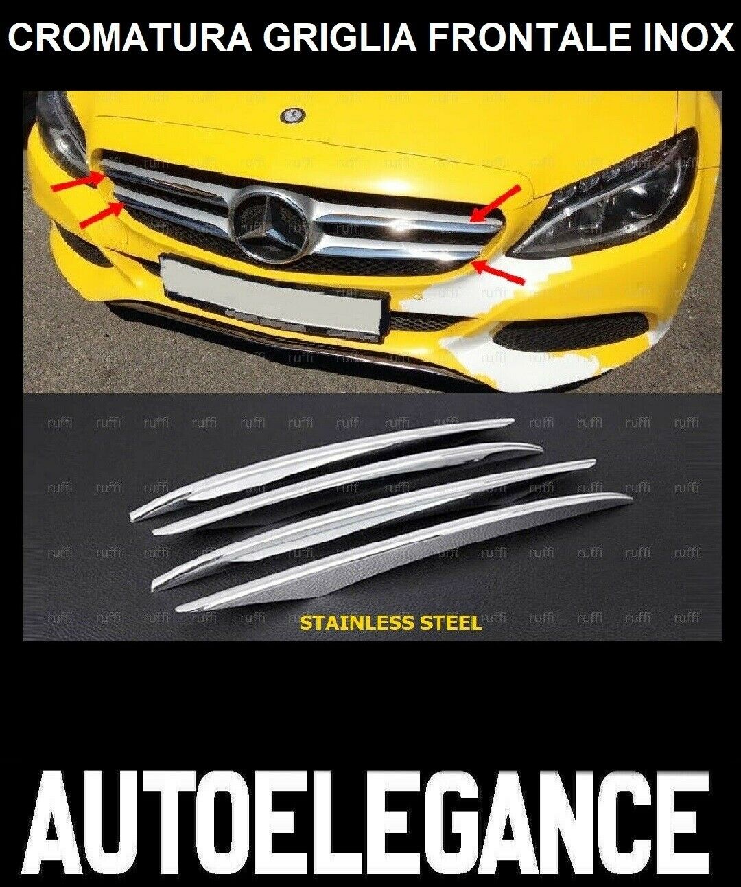 CROMATURA GRIGLIA FRONTALE 4PZ MERCEDES C W205 S205 2013+ INOX ADESIVO 0032 AUTOELEGANCERICAMBI