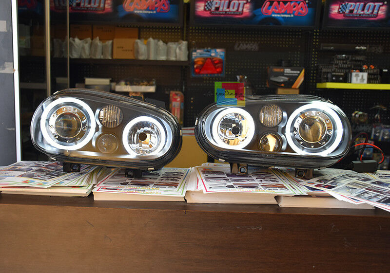 VW GOLF 4 IV 1997-2003 FARI ANTERIORI NERI CON ANGEL EYES BIANCHI A LED