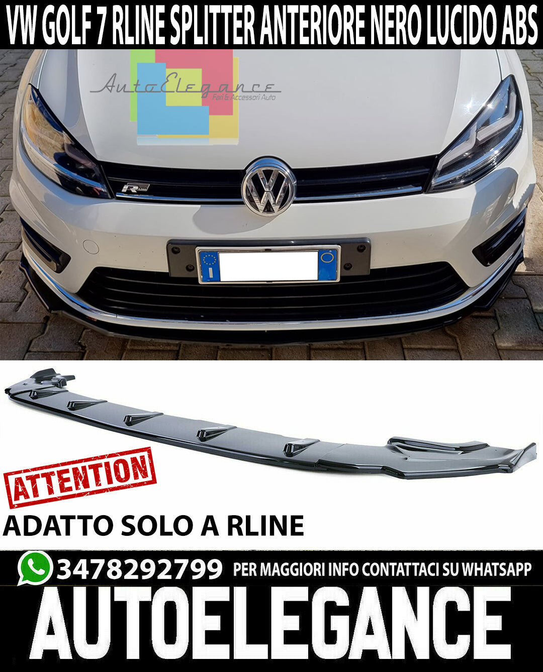 FRONT BUMPER UNDER VW GOLF 7 / 7.5 RLINE 2012-2019 ABS BLACK SPLITTER 0054