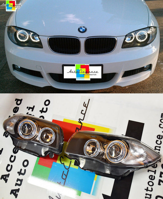 BMW SERIE 1 E81 E82 E87 E88 04-11 FARI NERI CON ANELLI ANGEL EYES LED + KIT XENON & ABBAGLIANTI LED CREE AUTOELEGANCERICAMBI