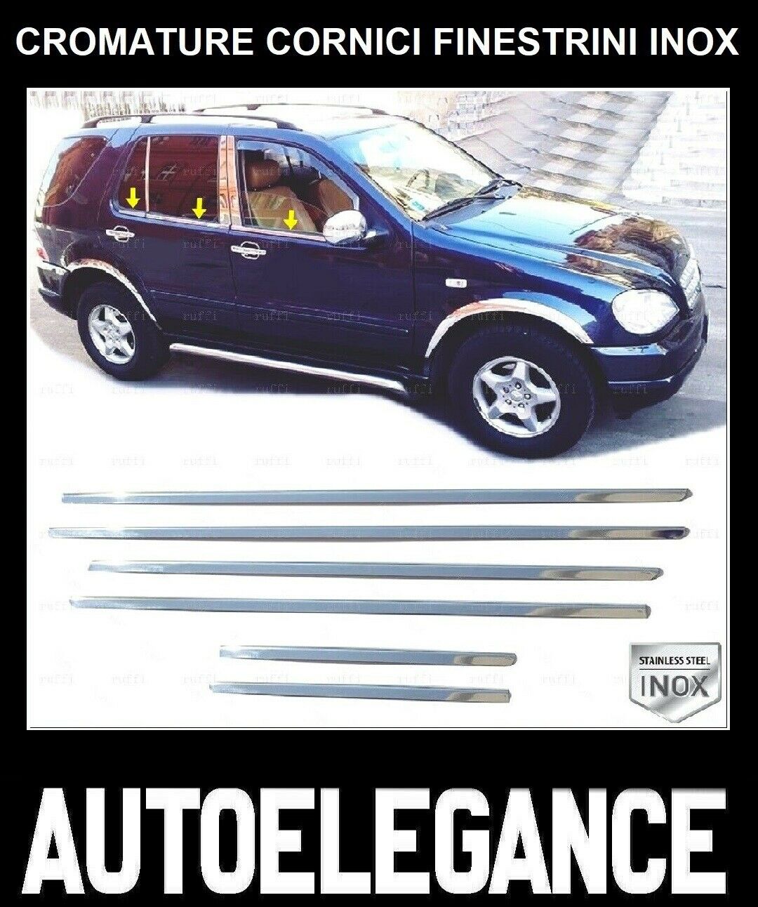CROMATURA CORNICI FINESTRINI 6PZ MERCEDES ML W163 1998-2005 INOX ADESIVO 0032 AUTOELEGANCERICAMBI