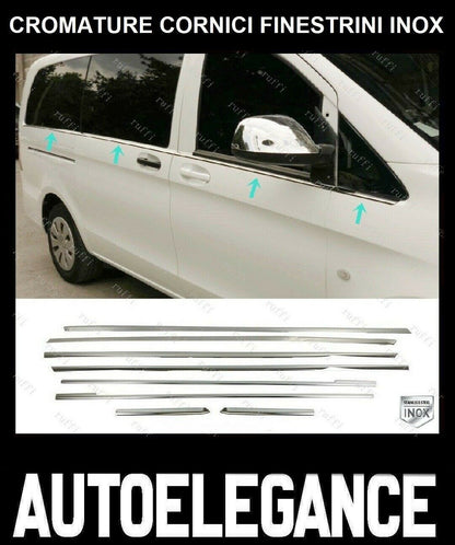 CROMATURA CORNICI FINESTRINI 8PZ MERCEDES VITO W447 2014+LUNGO INOX ADESIVO 0032 AUTOELEGANCERICAMBI