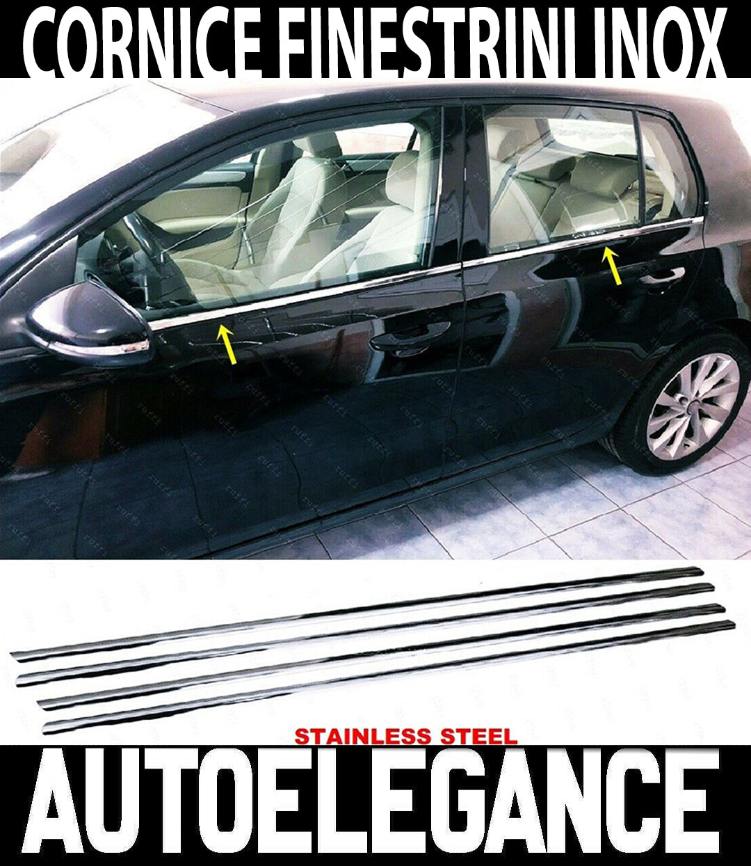 CORNICE FINESTRINI CROMATA VW GOLF 6 VI MODANATURE ADESIVE 3M ACCIAIO 4PZ AUTOELEGANCERICAMBI