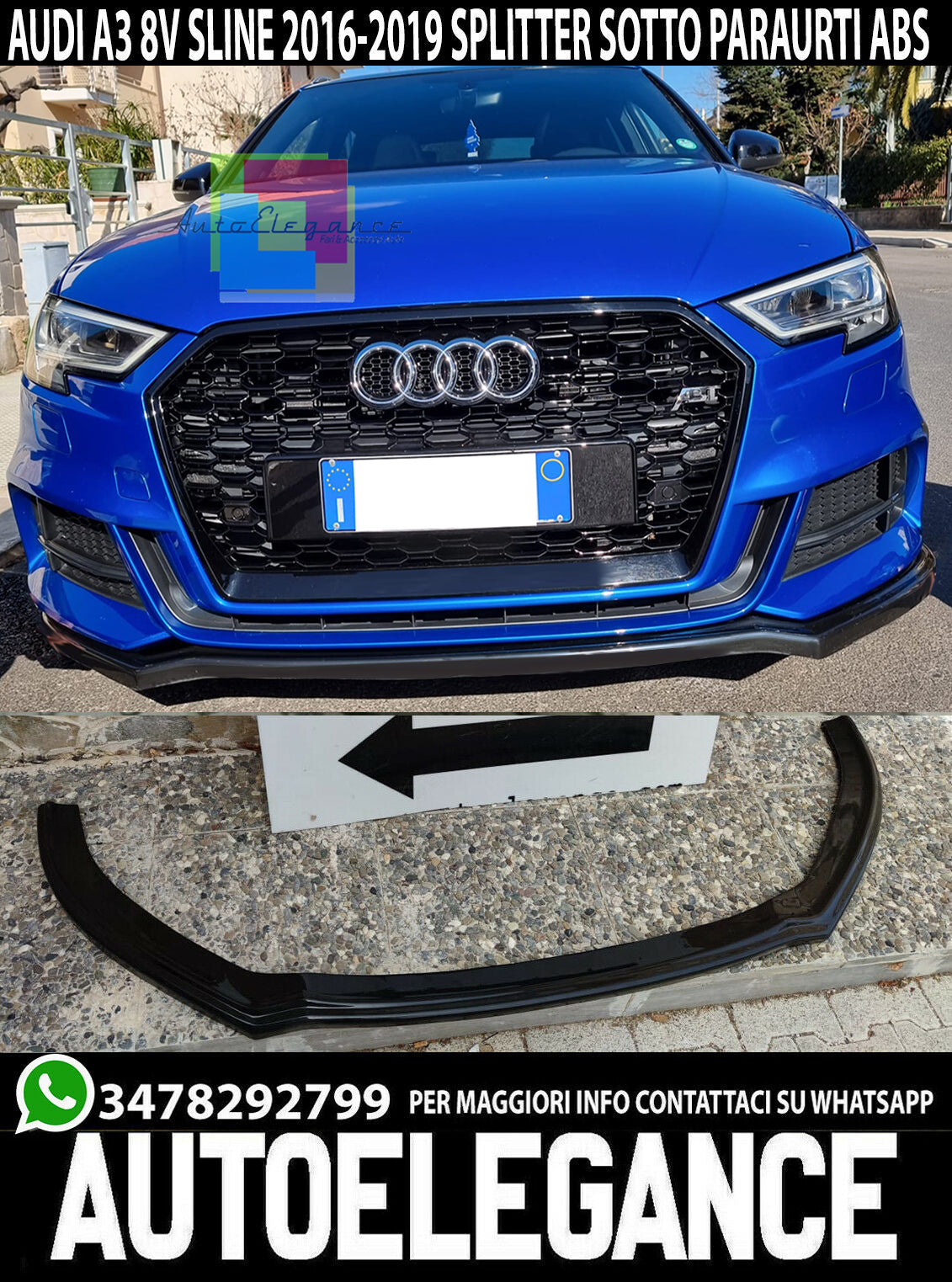 SPLITTER AUDI A3 8V 2016-2019 SLINE UNDER FRONT BUMPER GLOSS BLACK 0049