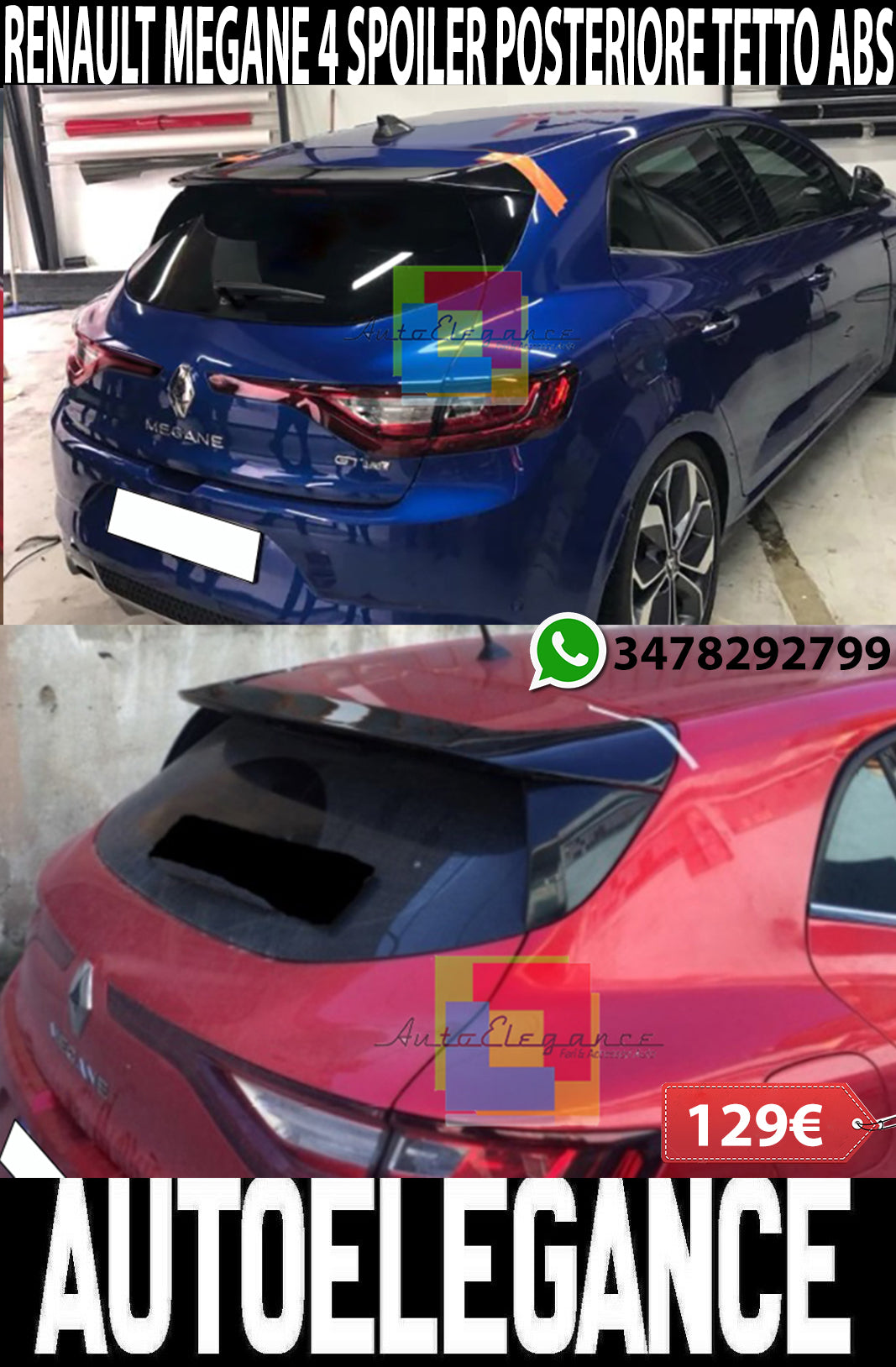RENAULT MEGANE 4 IV 2015-2021 SPOILER POSTERIORE SUL TETTO ABS LOOK SPORTIVO