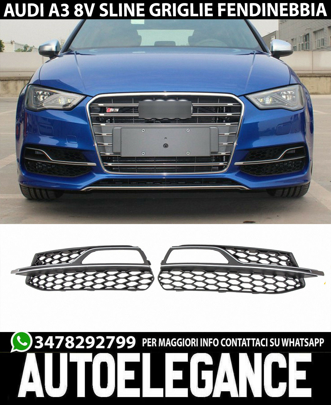 DRILLED FOG LIGHT GRILLS FOR AUDI A3 8V SLINE S3 2012-2016 ABS HONEYCOMB