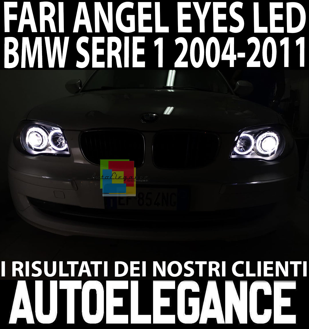 FARI NERI CON ANELLI ANGEL EYES BMW SERIE 1 E81 E82 E87 E88 04-11 LED BIANCHI