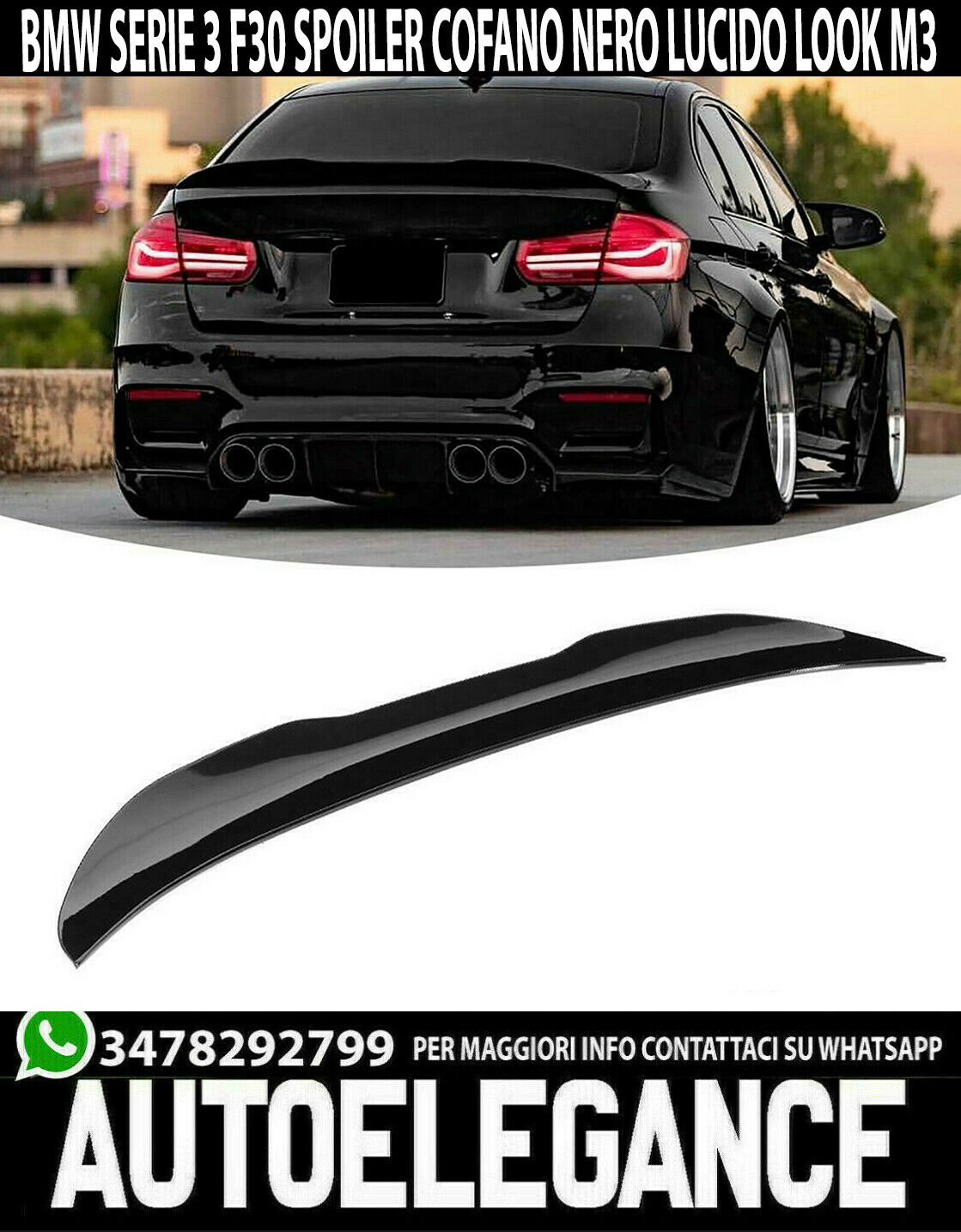 SPOILER POSTERIORE COFANO PER BMW SERIE 3 F30 BERLINA M3 IN ABS NERO LUCIDO -