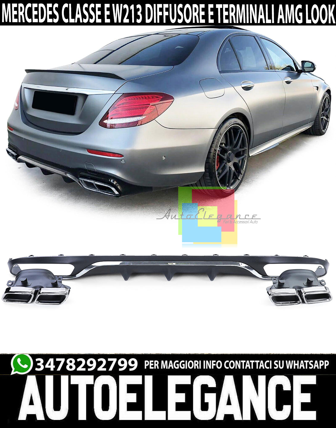 DIFFUSORE PER MERCEDES CLASSE E W213 2016-2019 STANDARD POSTERIORE LOOK AMG + TERMINALI