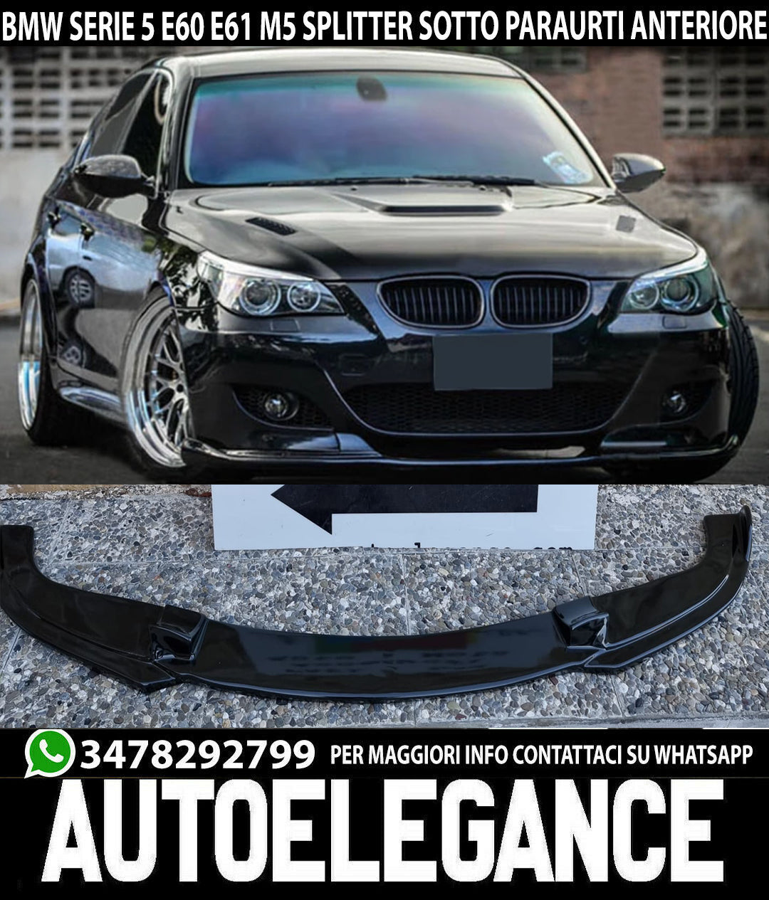 UNDER BUMPER FOR BMW 5 SERIES E60 E61 M5 FRONT SPLITTER ABS GLOSS BLACK BLADE