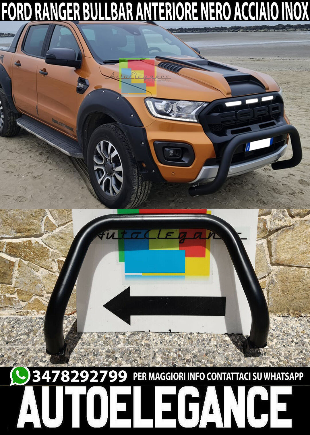 BULL BAR NERO ADATTO A FORD RANGER TK 2015+ SOTTO PARAURTI ANTERIORE AUTOELEGANCERICAMBI