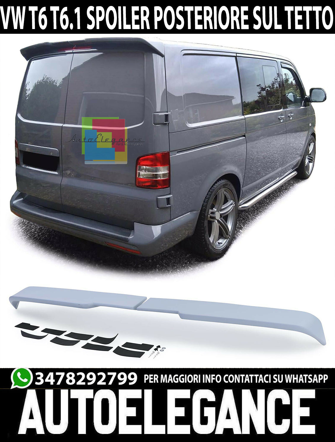 SPOILER POSTERIORE VW T6 TRANSPORTER 2015+ ALETTONE TETTO LOOK SPORT ABS