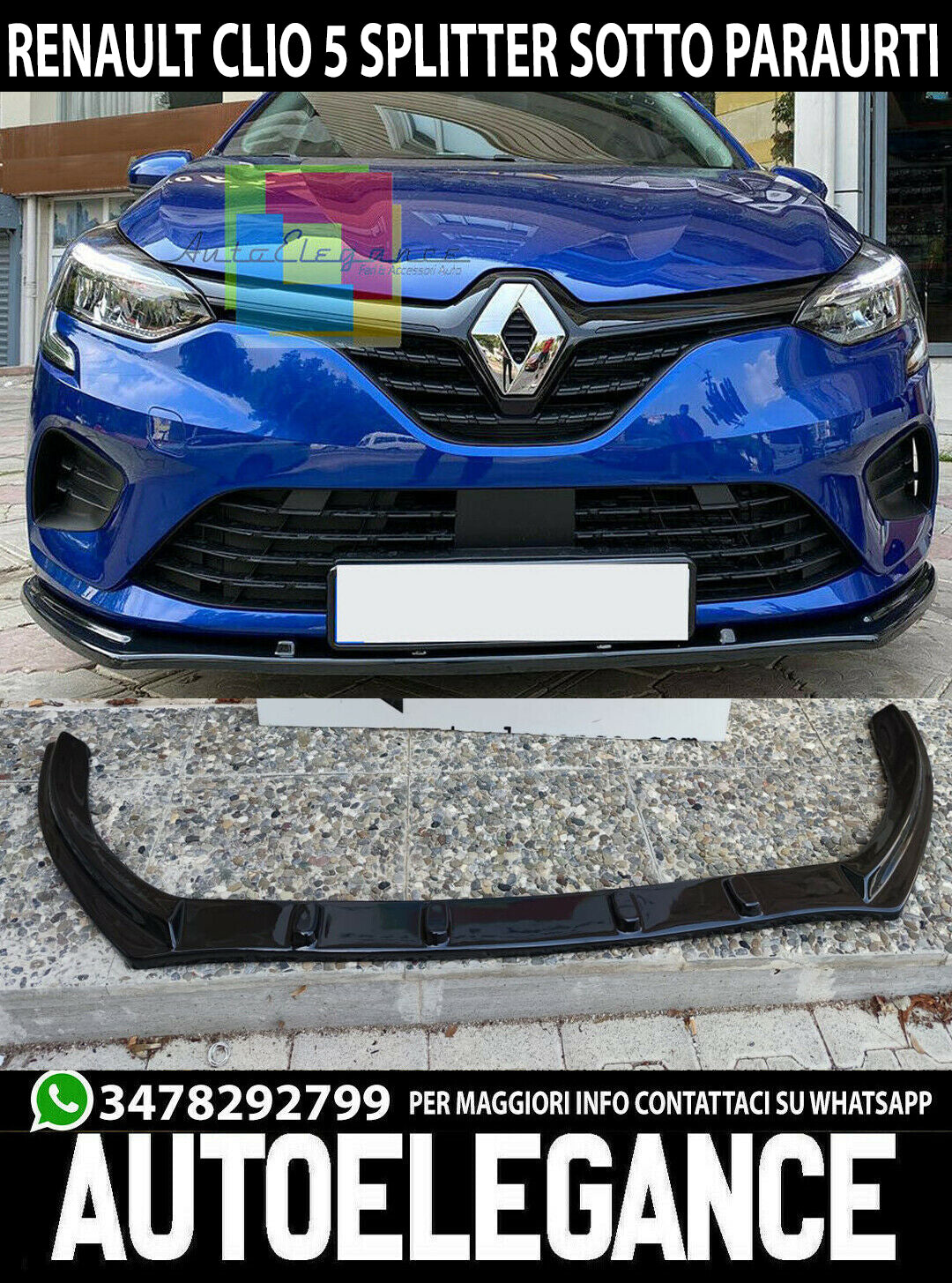 RENAULT CLIO 5 V LAMA SOTTO PARAURTI ANTERIORE IN ABS SPLITTER NERO LUCIDO