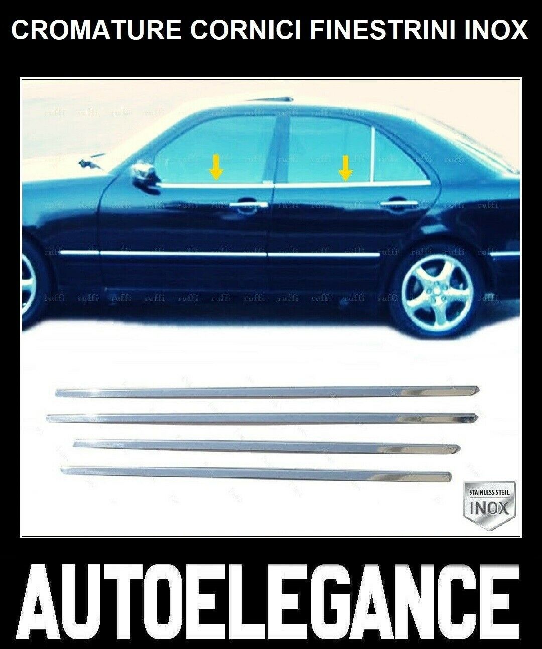 CROMATURA CORNICI FINESTRINI 4PZ MERCEDES E W210 1995-2002 INOX ADESIVO 0032 AUTOELEGANCERICAMBI