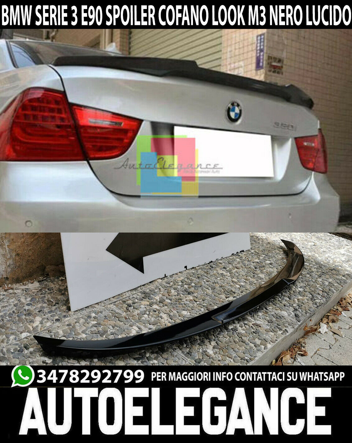BMW SERIE 3 E90 BERLINA 2005-2012 SPOILER SUL COFANO IN ABS LOOK M4 NERO LUCIDO AUTOELEGANCERICAMBI